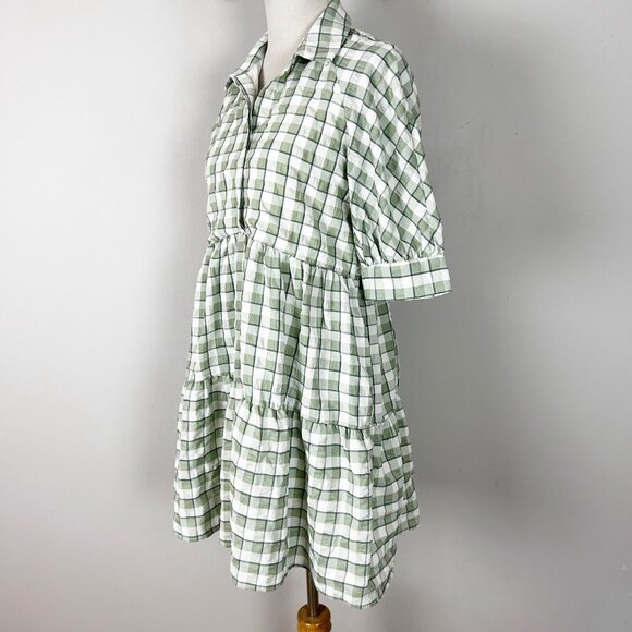 English Factory Sage Green Checkered Plaid Babydoll Dress Tiered Size Medium Wom - Picture 4 of 6
